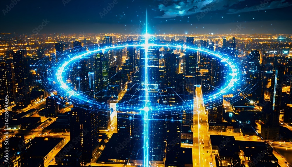 Poster a futuristic cityscape is enveloped by a glowing circular network of energy and data connections ext