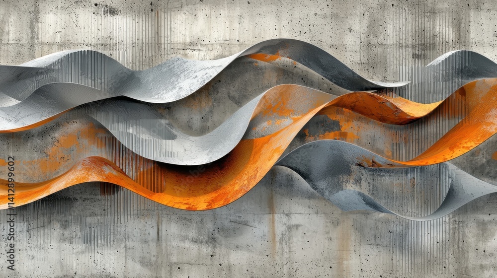 Poster bold, flowing shapes in gray and orange create a striking visual contrast against a textured concret
