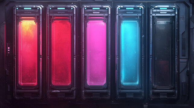 Five futuristic cryogenic pods with glowing red, pink, blue lights in a dark sci fi industrial environment