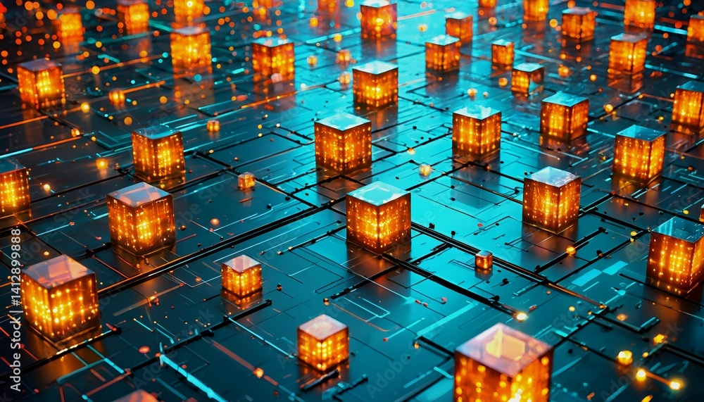 Poster a futuristic digital landscape featuring illuminated orange cubes arranged on a complex network of t