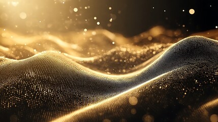 Glowing Gold Particle Wave Abstract, Futuristic Dotted Lines, Dark Background