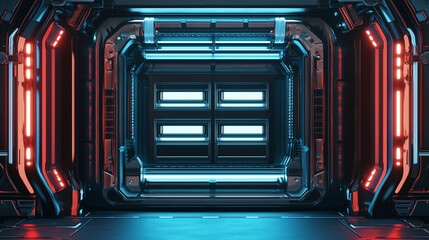 High-tech sci-fi corridor with glowing neon red and blue lights in a symmetrical, futuristic tunnel interior design.