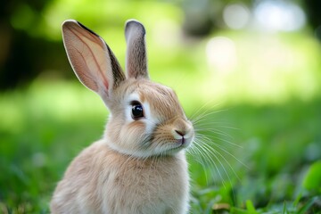 Obraz premium A rabbit sits in a grassy area with blurred green background outdoors.