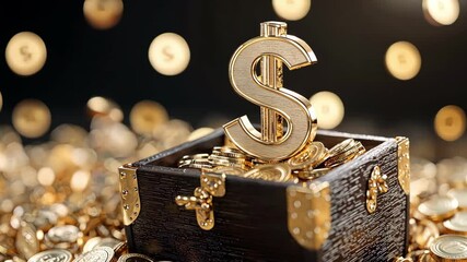 Treasure Chest Full of Coins and Dollar Sign Against Blurred Background