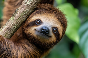 Fototapeta premium Close-up of a baby sloth peacefully hanging from a branch in its natural habitat