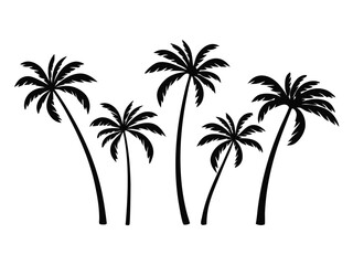 A collection of black palm tree silhouettes. Black palm trees set isolated on a white background. Palm silhouettes. Design of palm trees for posters, banners, and promotional items.