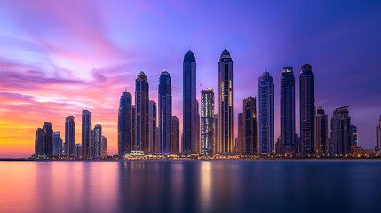 Obraz premium Tall buildings mirrored in sunset water along city skyline high resolution picture