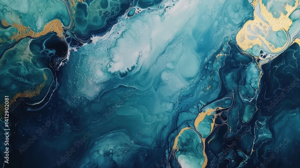Poster swirls of teal and gold create a mesmerizing abstract design with fluid shapes and textures, capturi