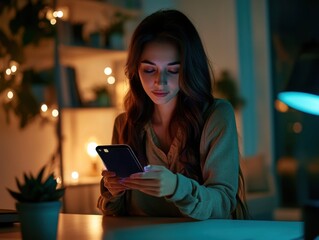 Fototapeta premium Digital Connection: A young woman sits at a desk bathed in the warm glow of a string of lights, her eyes focused intently on her smartphone.