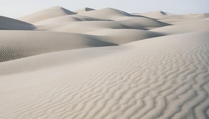 a sweeping landscape of softly sculpted sand dunes stretches into a hazy distance under a pale sky.