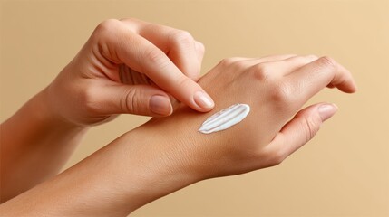 Applying light cream on skin hands close up image