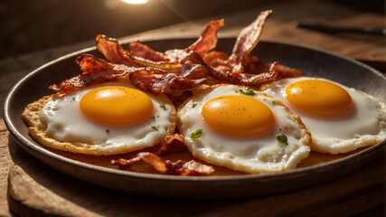 Delicious breakfast with sunny-side-up eggs and crispy bacon served on a plate for a satisfying meal.
