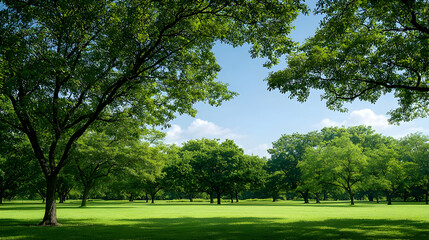 Fototapeta premium Green Trees And Grass Meadow Under Sunny Blue Sky