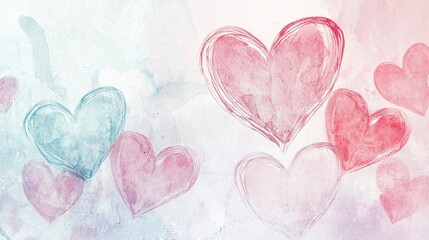 Fototapeta premium Watercolor hearts in shades of red and blue float against a light pastel backdrop, making it a perfect decorative element for romantic events and celebrations