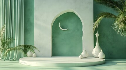 Islamic interior with arch, white decor, crescent moon, vases, palm leaves, light green