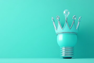 Lightbulb with Chrome Crown on Cyan Background. Minimal Idea concept