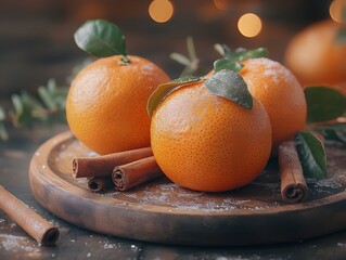Tangerines with cinnamon sticks on a dark rustic background, cozy and warm lighting, winter mood
