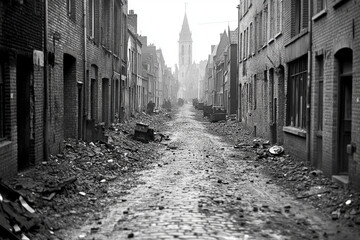Destruction from World War II as historical remnants of battle lay scattered in a blackened cityscape
