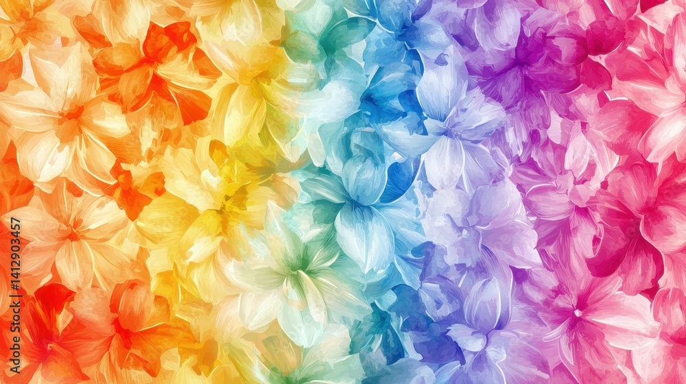 Poster a vibrant display of flowers showcases a gradient of colors, transitioning smoothly from warm reds a
