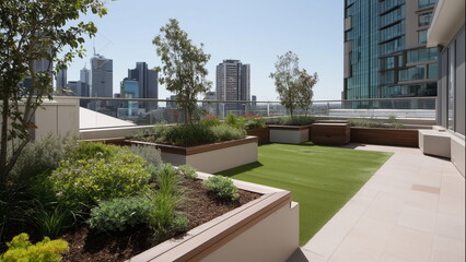 Lush rooftop gardens flourish atop buildings, with green grass floor, greenery, colourful flowers, and small trees creating a peaceful oasis above the city skyline.