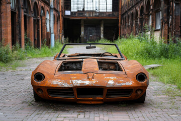 Obraz premium Burnt-out car frame sits in an empty lot surrounded by debris and chaos in a desolate urban area
