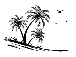 A collection of black palm tree silhouettes. Black palm trees set isolated on a white background. Palm silhouettes. Design of palm trees for posters, banners, and promotional items.