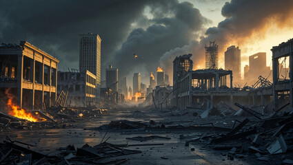 A ravaged city landscape displays the extent of destruction from a large-scale catastrophe with fires.