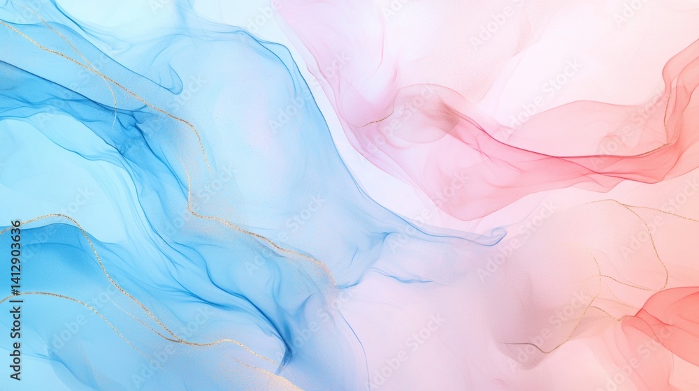 Poster swirls of soft blue and pink intertwine with delicate golden lines, creating a tranquil and abstract