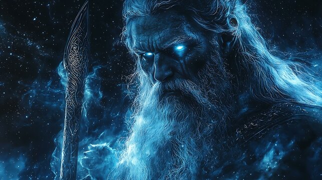 Odin with glowing single eye and long beard, standing under starry sky with spear Gungnir, wolves flanking, divine Viking myth in 8K
