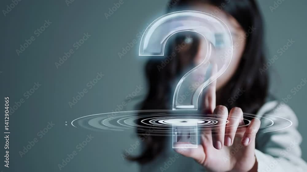 Aufkleber Businesswoman interacts with a holographic question mark, symbolizing decision making and problem solving in a technologically advanced setting, touching the floating symbol with her fingertip