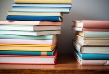 Fototapeta premium Colorful Stack of Books on Wooden Shelf Home Library Reading Education Knowledge