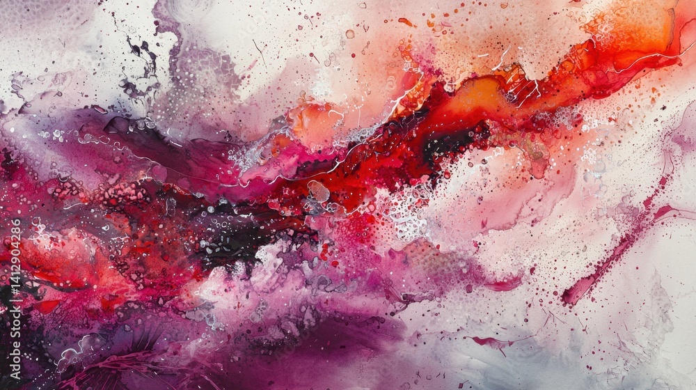 Poster swirls of vibrant colors create an abstract design featuring rich reds, purples, and hints of white.