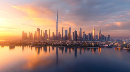 City skyline reflection at dusk with soft orange tones high resolution picture