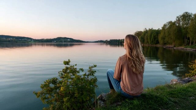 Serene contemplation by the lake: A woman finds peace and serenity as she sits beside a tranquil lake, bathed in the soft glow of the setting sun, embracing the moment of self-reflection and calm.