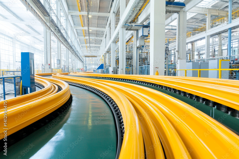 Poster food processing factory exhibiting chaotic activity on conveyor belts with workers managing operatio