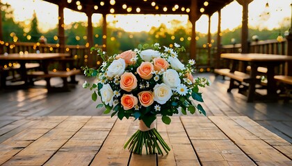 a beautiful bouquet of peach and white roses and daisies rests on a wooden table in front of a rustic pavilion bathed in golden sunlight.