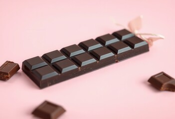 Delicious Dark Chocolate Bar Broken Pieces Pink Background Sweet Treat
