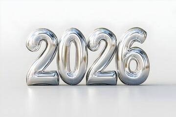 Metallic balloons shaped as the year 2026 create a festive atmosphere for New Year celebrations and events, reflecting a shiny and cheerful vibe