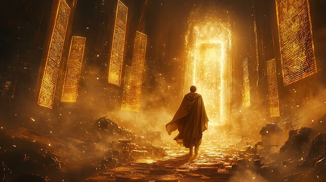 Golden god stepping out from portal of time, surrounded by fragments of historical events, cape of glowing scrolls, majestic 8K