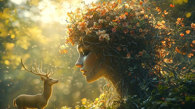 Goddess of nature in bloom, hair flowing with vines and flowers, golden deer beside, sunlight through trees, hyperreal 8K