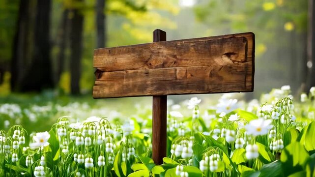 Wooden Signboard in Lily of the Valey field. Sunlit Wooden Sign amidst Wildflowers in Forest Clearing