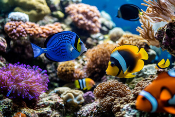 School of fish creates a vibrant spectacle amidst coral reef chaos in a sunlit ocean setting