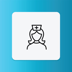 Thin line icon of a female nurse or medical worker. Represents vaccination staff or healthcare professionals.