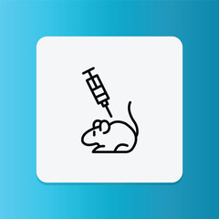 Thin line icon of a syringe injecting a lab mouse. Symbolizes vaccine testing on animals.