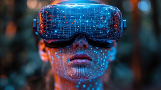 Woman VR Headset Virtual Reality Forest Metaverse.