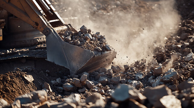 Iron ore miner breaking large rocks with a mechanical crusher at a mining site. Featuring machinery and ore crushing