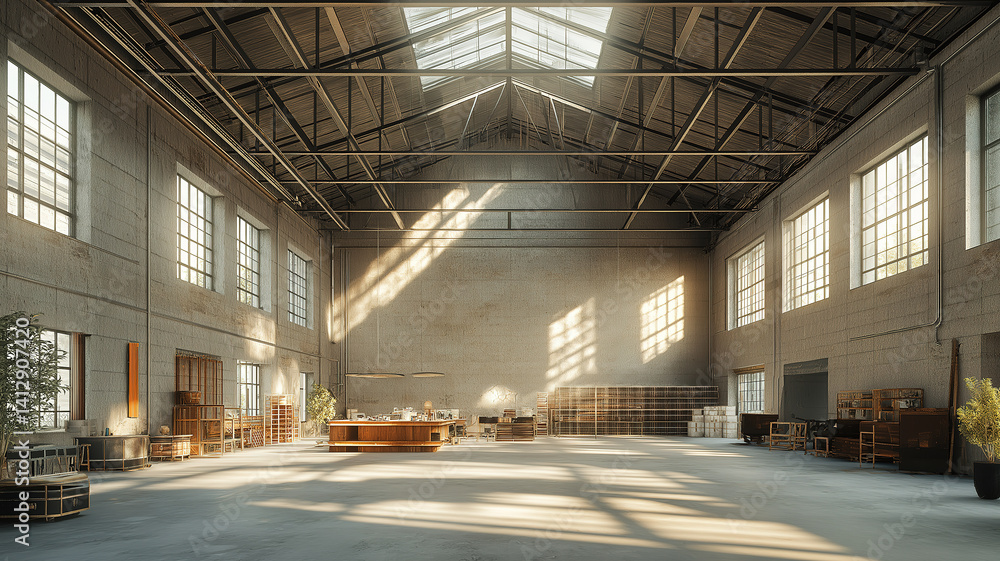 Poster modern warehouse featuring an open empty space with sleek design and natural illumination