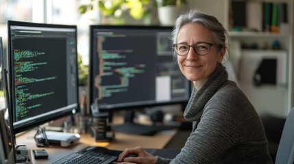 A middle-aged female software developer deeply engaged in her coding work at a modern workspace, highlighting focus and professionalism in the tech industry.