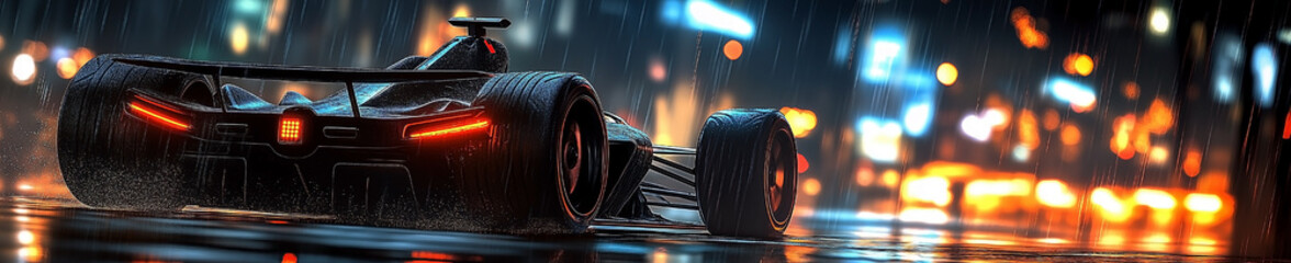 Blue race car is speeding down a track. The car is the color blue and is moving fast