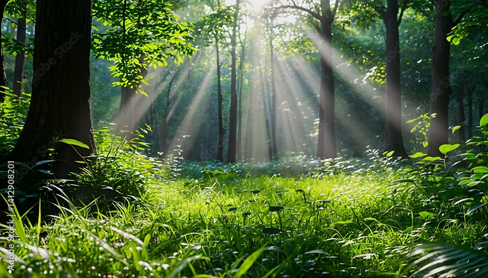 Poster a vibrant forest floor glows with dappled sunlight filtering through lush green trees and scattered 